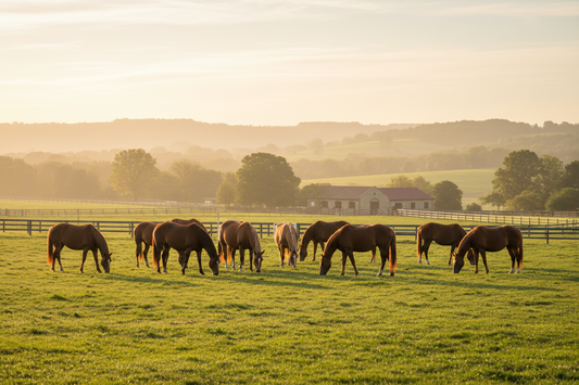 Horses grazing in a pasture — supporting digestive health, mental well-being, and dental health
